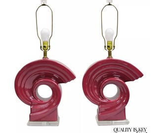 Vintage Postmodern Cranberry Red Sculptural Snail Scroll Ceramic Table Lamp Pair