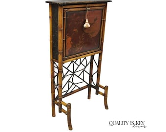 Antique English Victorian Bamboo Chinoiserie Compact Fall Front Secretary Desk
