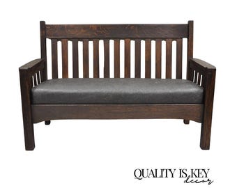 Antique Arts & Crafts Mission Oak Stickley Style 14 Slatted Bench Settee Sofa