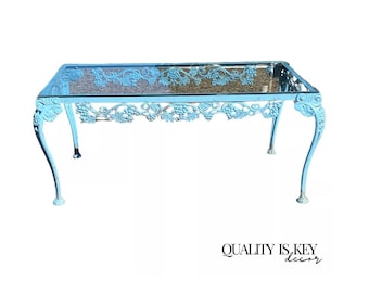 Vintage Molla Victorian Cast Aluminum Metal Glass Top Garden Patio Coffee Table