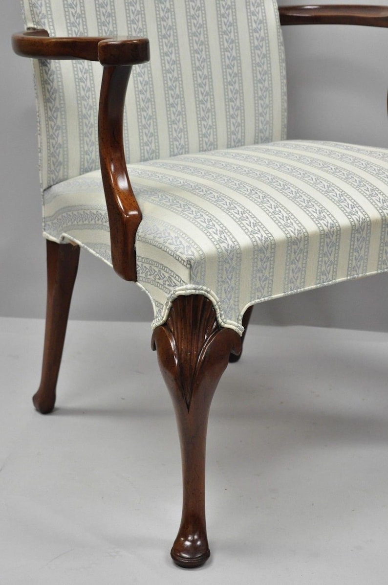 Pair Hickory Chair Co Queen Anne Style Armchairs Mahogany Library Dining Chairs
