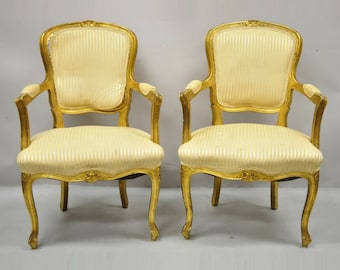 PRIVATE - French Louis XV Style Gold Gilt Fauteuil Arm Chairs to Refinish DIY - a Pair