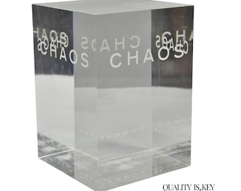 Donna Karan "Chaos" Heavy Acrylic Lucite Cube Perfume Retail Pedestal Display