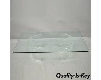 Mid Century Double Pedestal Curved Lucite Base Rectangular Glass Coffee Table