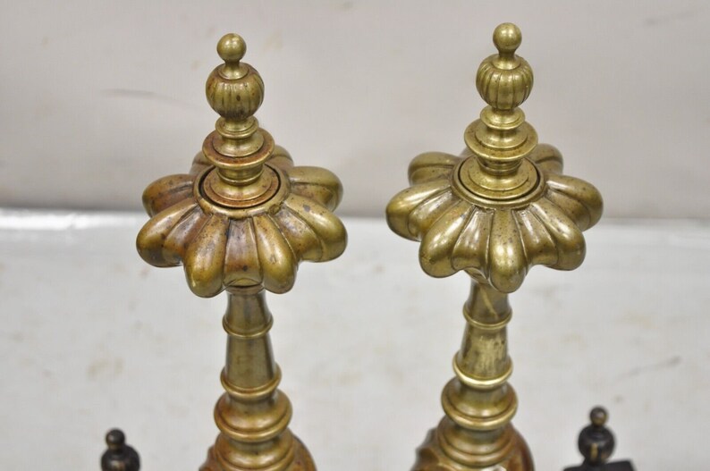 Antique French Empire Style Bronze Brass Spiral Column Andirons a Pair image 3