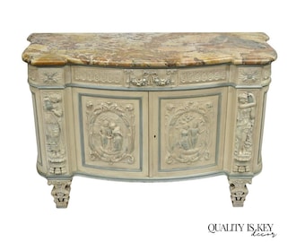 French Renaissance White Blue Painted Figural Carved Marble Top Buffet Commode