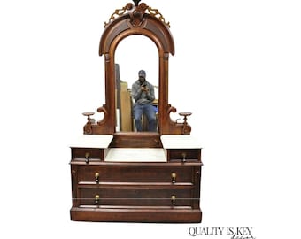 Antique Eastlake Victorian Walnut 3 Marble Tier Dresser Chest With Tall Mirror