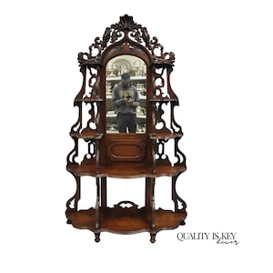Antique Victorian Rococo Grapevine Carved Walnut Etagere Curio Shelf w/ Mirror