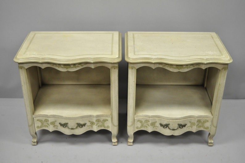 Pair John Widdicomb Country French Provincial Cream Paint Nightstands Bed Table