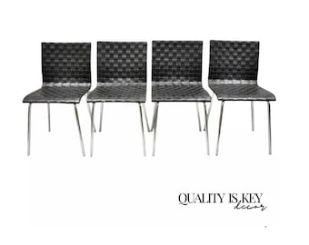 Contemporary Modern Black Woven Leather Chrome Frame Dining Chairs - Set of 4