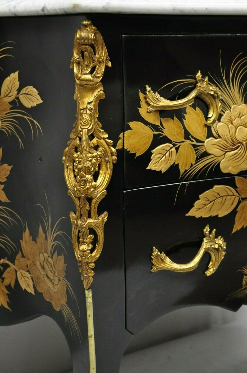 French Louis XV Style Marble Top Black /& Gold Bombe Commode Chest Bronze Ormolu