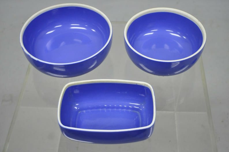 3 Pc Art Deco The Hall China Co Montgomery Ward Blue Porcelain Refrigerator Dish