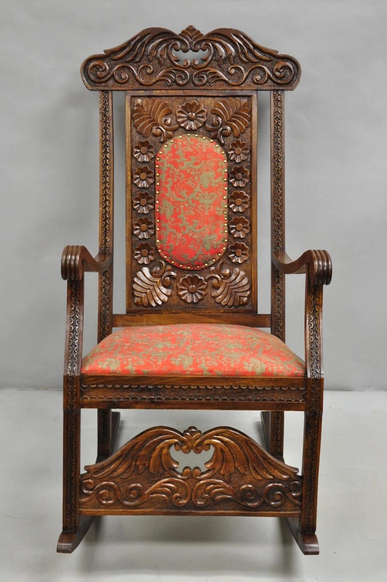 Vintage Anglo Indian Renaissance Style Carved Wood Rocker Rocking Chair ...