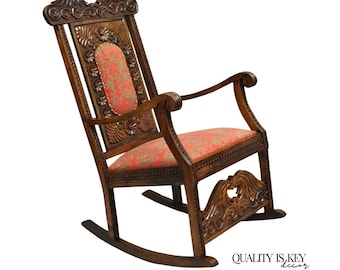 Vintage Anglo Indian Renaissance Style Carved Wood Rocker Rocking Chair