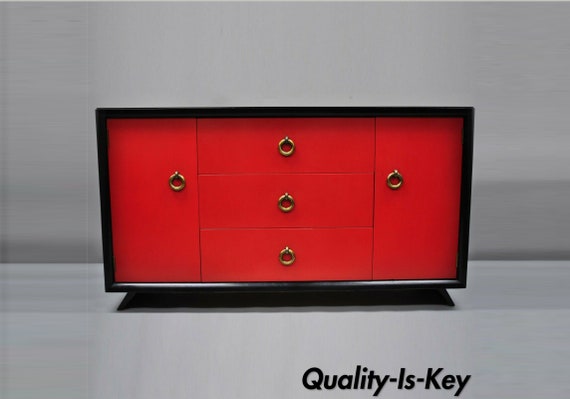 Mid Century Modern Art Deco Black and Red Credenza Cabinet