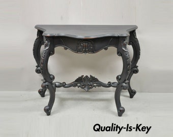 Reproduction Antique French Rococo Charcoal Distress Painted Console Hall Table