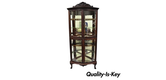 Antique Gany Victorian Bow Front Glass Corner Curio Cabinet Display Vitrine