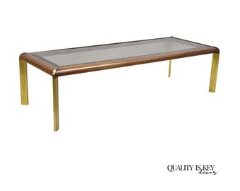 Vintage Lane Mid Century Modern Sculpted Brass Metal Wood Glass Top Coffee Table