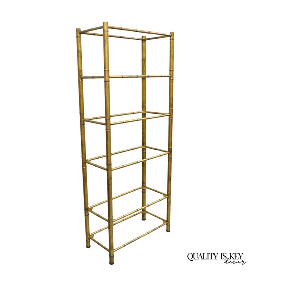 Vintage Hollywood Regency Gold Gilt Iron Metal Faux Bamboo Etagere