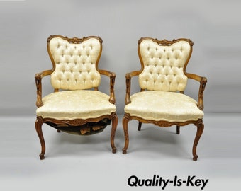 Pair of Hollywood Regency French Louis XV Style Carved Chairs Fireside Armchairs