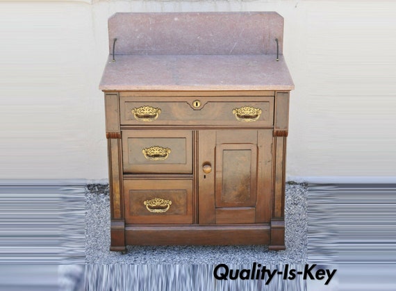 Antique Eastlake Victorian Walnut Washstand Commode With Marble