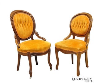 Antique Eastlake Victorian Carved Walnut Orange Parlor Side Chairs - a Pair