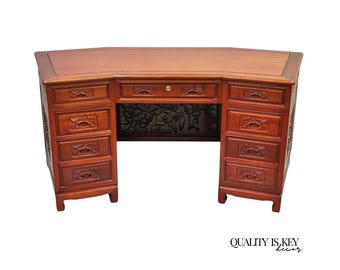 Vintage Chinese Bird Carved Hardwood Kneehole Writing Desk with Decorated Back