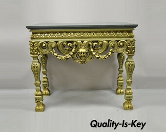 Vintage French Baroque Green Gold Gilt Figural Carved Slate Top Console Table