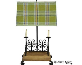 Vintage French Country Gothic Renaissance Scrolling Wrought Iron Wood Table Lamp
