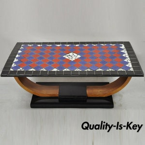Vintage Art Deco Blue and Red Mosaic Tile Top Arch Base Coffee Table