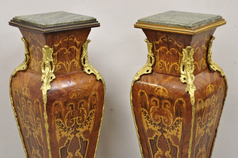 Vintage French Louis XV Style Marble Top Marquetry Inlay Bombe Pedestals a Pair image 3
