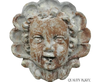 Antique French Neoclassical Small Lead Cherub Head Garden Wall Fountain