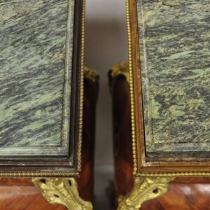 Vintage French Louis XV Style Marble Top Marquetry Inlay Bombe Pedestals a Pair image 7