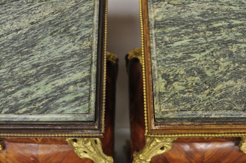 Vintage French Louis XV Style Marble Top Marquetry Inlay Bombe Pedestals a Pair image 7