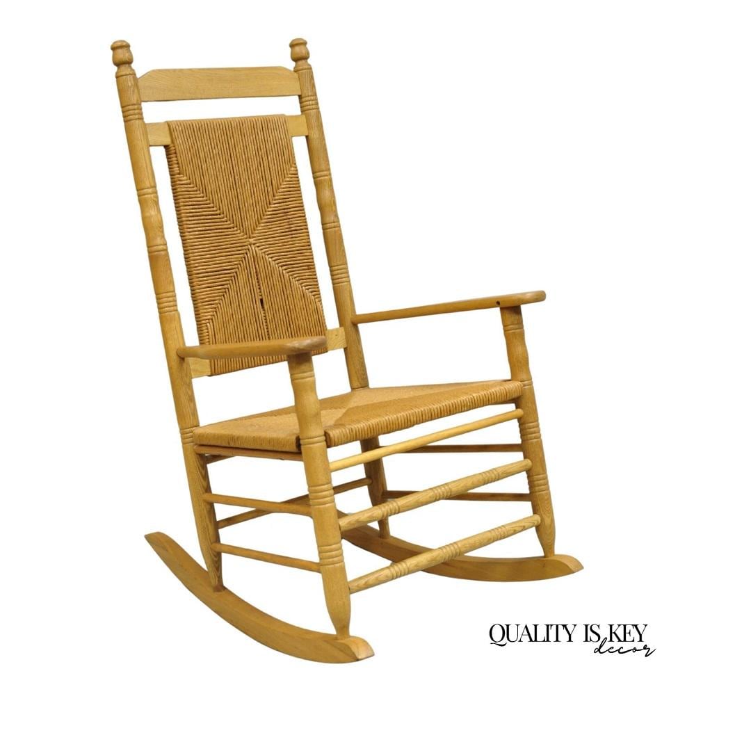 American Primitive Rustic Oak Wood Rush Seat Rocking Chair by