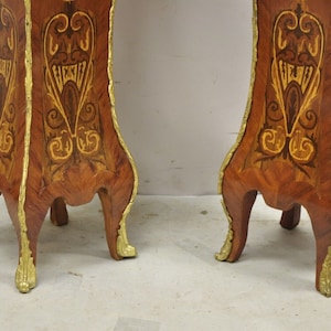 Vintage French Louis XV Style Marble Top Marquetry Inlay Bombe Pedestals a Pair image 10