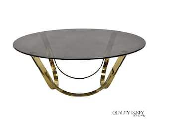 Tri-Mark Mid Century Modern Brass Plated Steel Smoked Glass Arch Coffee Table