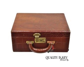 Vintage Brown Leather Art Deco Faux Crocodile Small Toiletry Travel Vanity Case