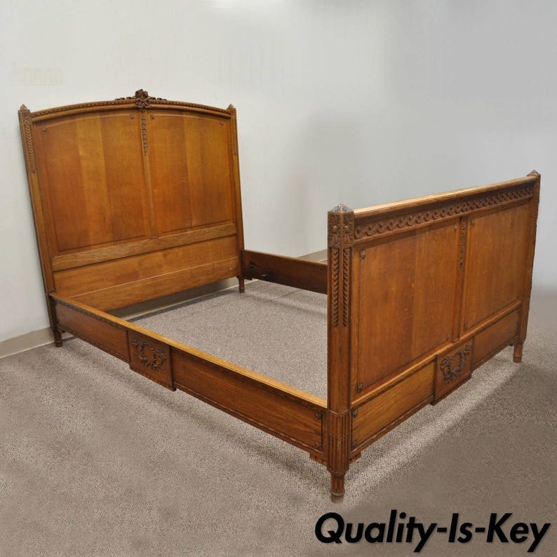 Antique Golden Tiger Oak Victorian Bed Frame Full Size High Back French Country Louis Xvi
