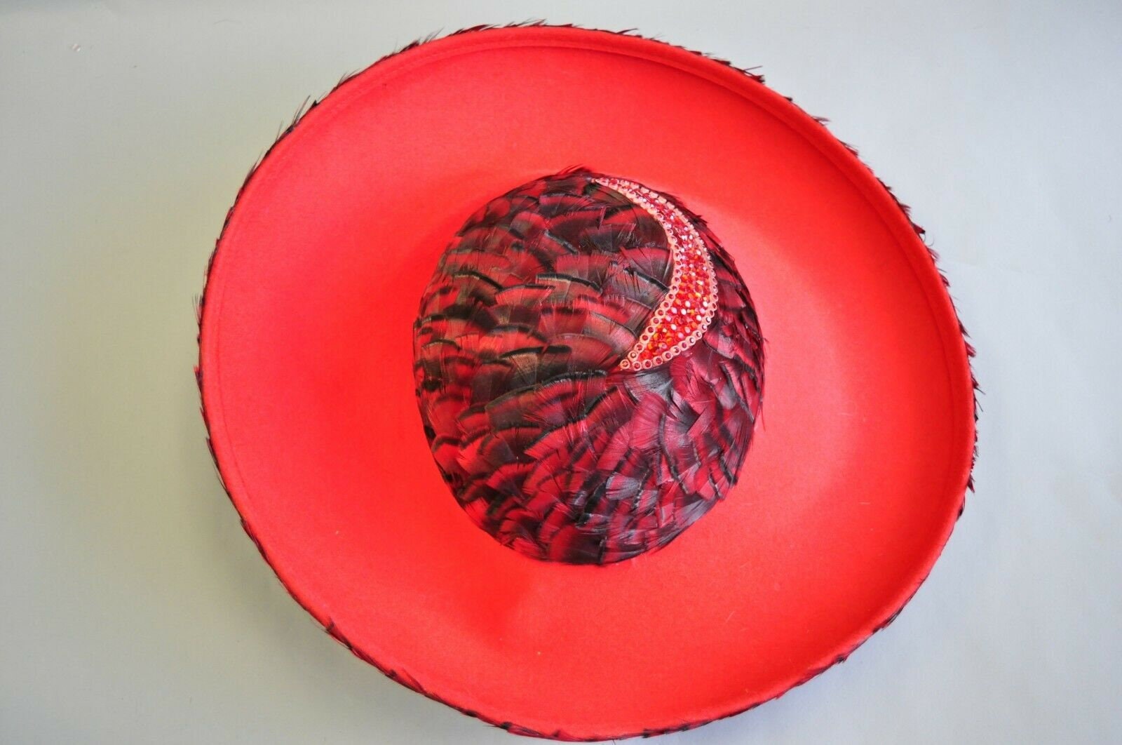 Cream Colored Dramatic Church Hat Jack McConnell Red Feather Vintage Jack Mcconnell Red Feather Rhinestone Wide Brim Wool  main image 2