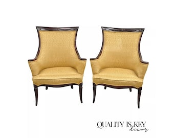 Vintage Hollywood Regency Drape Carved Mahogany Fireside Lounge Chairs - a Pair