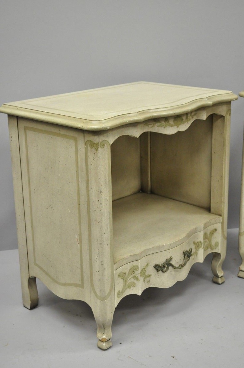Pair John Widdicomb Country French Provincial Cream Paint Nightstands Bed Table