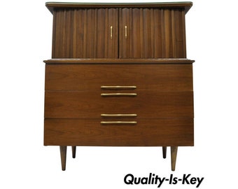 Mid Century Modern Danish Walnut Curved Top Gentleman Tall Chest Dresser Cabinet