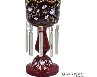 Antique Victorian Cranberry Glass Hand Painted Mantel Lustre Vase with Crystals