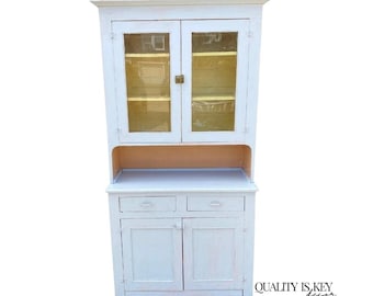 Antique French Country Farmhouse White 2 Piece Step Back Hutch Kitchen Cupboard