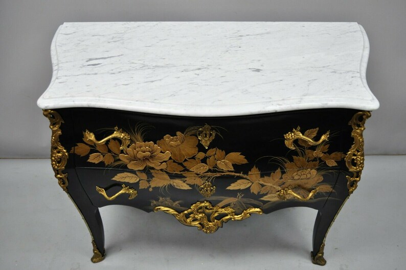 French Louis XV Style Marble Top Black /& Gold Bombe Commode Chest Bronze Ormolu