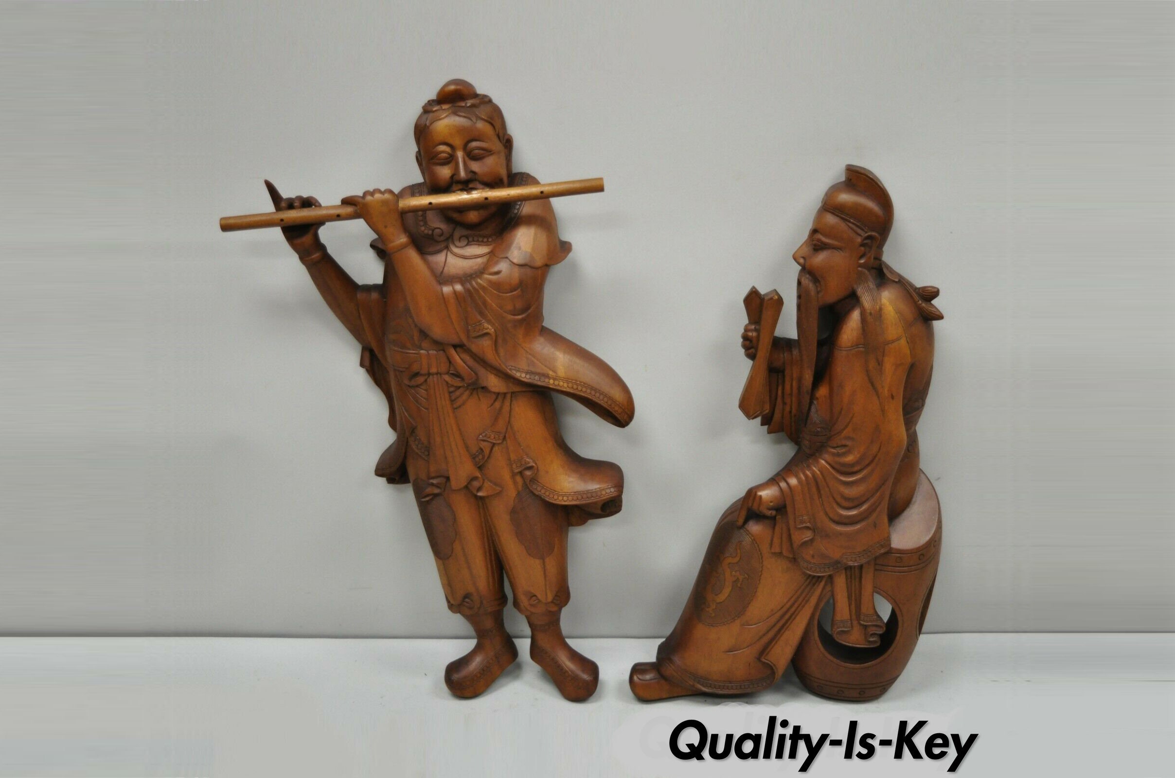 Pair Vintage Ricardo Lynn Carved Teak Wood Oriental Figures