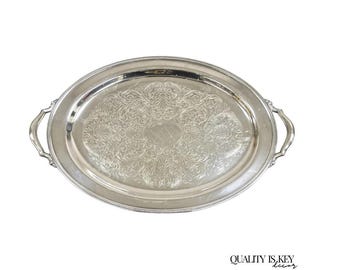 Vintage Oneida Edwardian Style Silver Plated Oval Etched Serving Platter Tray