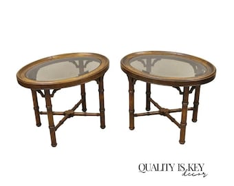 Vintage Chinese Chippendale Faux Bamboo Oval Small Glass Top Side End Table Pair