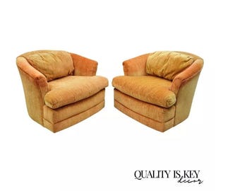 Mid Century Modern Orange Upholstered Swivel Lounge Club Chair by Flexsteel Pair